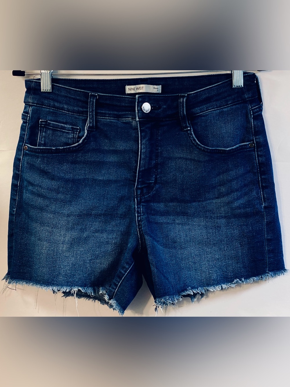 NINE WEST-Size 6-Dark Wash Denim With Comfortable Stretch Raw Hem Shorts